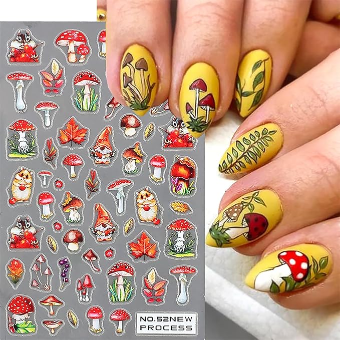 6 Sheets Fall Nail Art Stickers 3D Maple Leaf Nail Decals Autumn Gold Yellow Leaves Mushroom Squirrel Self-Adhesive Nail Designs Thanksgiving Nail Stickers for Women Girls Acrylic Manicure DIY Decor