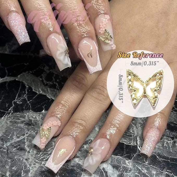 Golden Butterfly Nail Charms - 180pcs 3D Butterflies for Acrylic Nails, Alloy Studs, Jewels Decoration Supplies, DIY Crafts