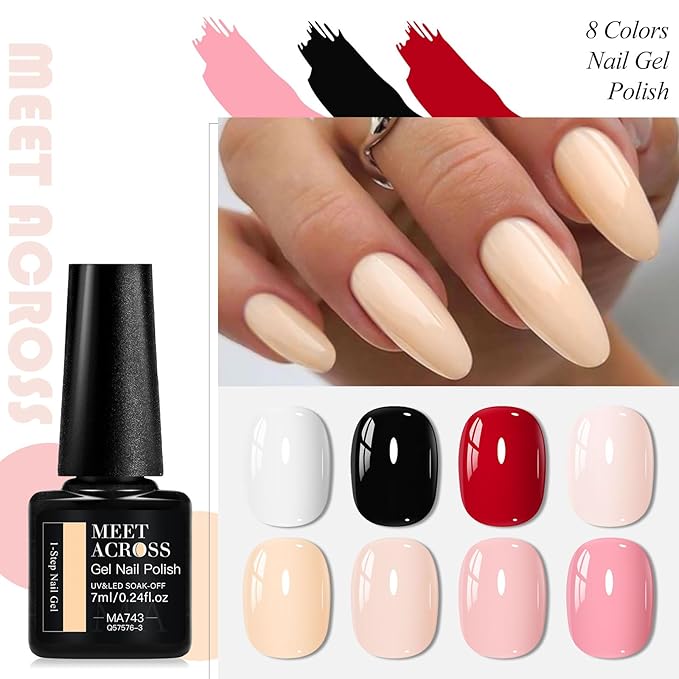 MEET ACROSS 1 Step Gel Polish Set Nail Art Manicure 3 in 1 Gel Kit Soak Off LED Gel Nail Varnishes No Need base gel top coat (Set-3, 8PCS)