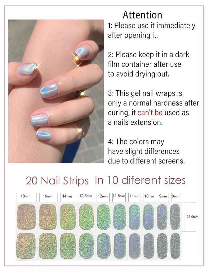 Semi Cured Gel Nail Strips, 20pcs Gel Nail Stickers UV, Semi Cured Gel Nail Wraps for Home Nails DIY (B Laser)