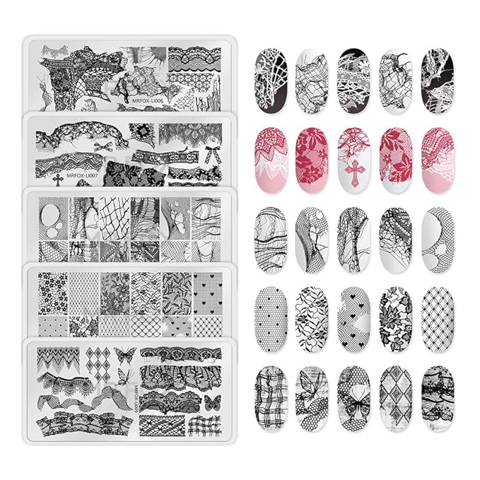 5 Pcs Nail Stencils Plates for Nail Art - Lace Butterfly & Distressed Design, Reusable Stainless Steel Nail Stamping Templates for Manicure