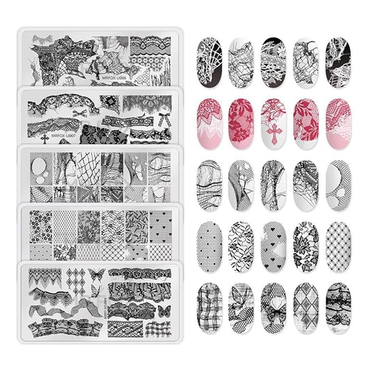 5 Pcs Nail Stencils Plates for Nail Art - Lace Butterfly & Distressed Design, Reusable Stainless Steel Nail Stamping Templates for Manicure