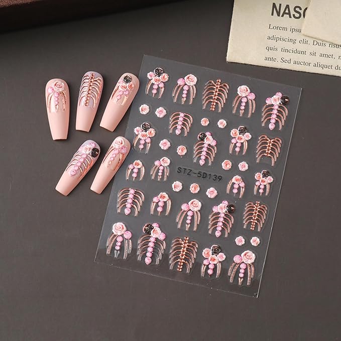 2PCS Halloween Nail Art Stickers Decals 5D Embossed Skeleton Bones Nail Stickers Horror Gold Rose Gold Skull Rose Designs Halloween Nail Art Supplies Gothic Adhesive Sliders for Women DIY Manicure