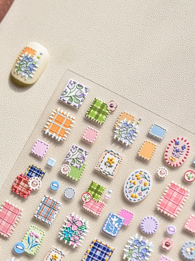Cottagecore Nail Stickers – 5D Embossed Floral & Plaid Art Decals, Aesthetic Self-Adhesive Design for DIY Nails, Vintage Pastel Patterns Cozy, Cottage-Inspired Manicure, Home or Salon