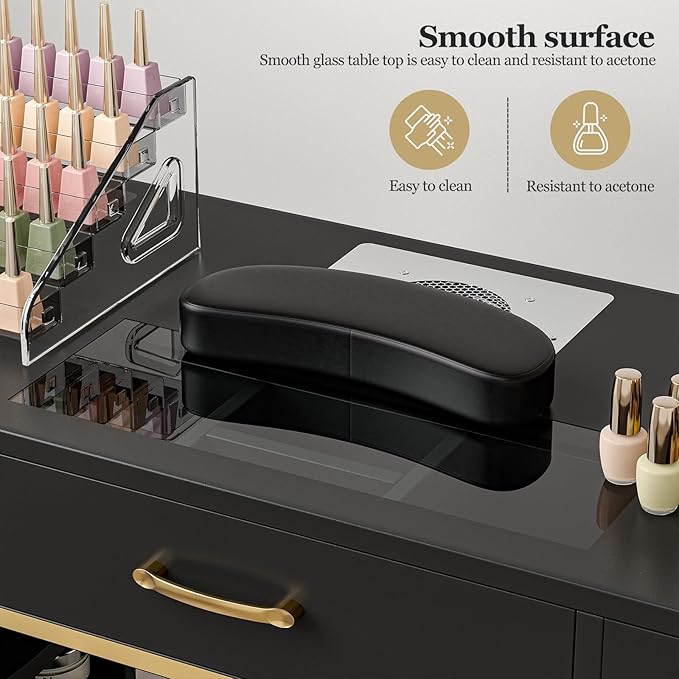 Nail Table Station with Dust Collector, Glass Top Manicure Table Nail Desk Station w/7 Drawers & 3-Tiers Open Shelves, Nail Beauty Workstation w/Wrist Cushion & Acrylic Display Rack(Black-New)