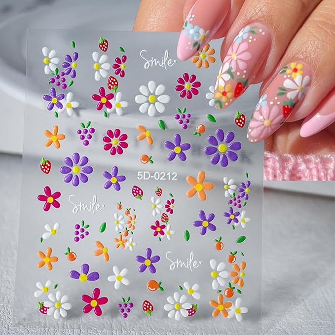 Stickers para Uñas Nail Stickers Self-Adhesive Sticker para Uñas Colorful 3D Flower Embossed Calcomanías Stickers Art Design Accessories Hight Quality 8 Sheets