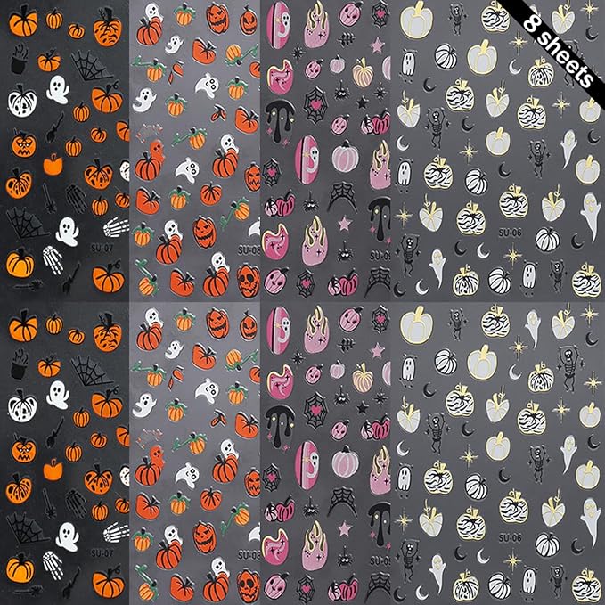 8 Sheets Halloween Nail Art Stickers Cute Ghost Spider 3D Self Adhesive Nail Stickers Gothic Pumpkin Nail Decals Gothic Skeleton Spooky Nail Design Stickers Halloween DIY Manicure Supplies