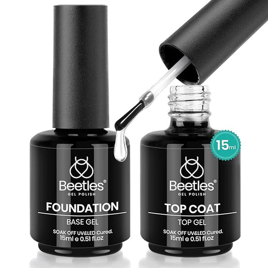 Beetles 2 Pcs 15ml No Wipe Gel Top Coat and Base Coat Set - Shine Finish and Long Lasting Soak Off LED Nail Lamp Gel Base Top Coat Finish Nail Art Design Manicure Gifts for Women