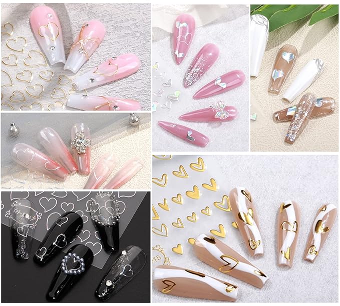9 Sheets Heart Nail Art Stickers - Metallic Nail Decals 3D Valentine's Day Nail Art Supplies Heart Love Glitter Gold Silver Nail Designs Sticker for Women Girls Valentine’s DIY Manicure Decorations