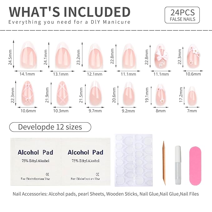 French Press On Nails Medium Rhinestone Pink Fake Nails Almond Bling Glossy 3D Flower False Nail Tips Glue On Nails Full Cover Artificial Nails Stick On Nails for Women, 24 Pcs