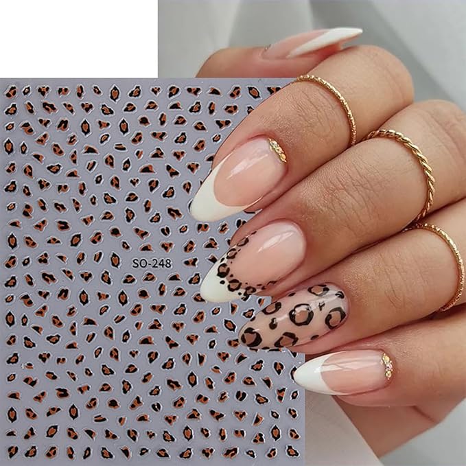 Leopard Nail Stickers Fall Nail Decals 6PCS 3D Self-Adhesive Pink White Brown Leopard Print Nail Design Stickers Cute Autumn Nail Art Supplies Fall Nail Art Sticker for Women DIY Nail Decorations