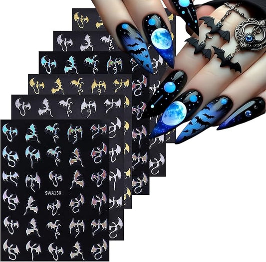 6 Sheets Halloween Nail Art Stickers 3D Self -Adhesive Bat Nail Decals Holographic Hot Stamping Gold Silver Laser Bat Nail Stickers Halloween Nail Decoration for Women Manicure Supplies
