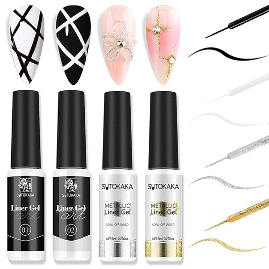 Nail Art Liner Gel Polish Set, 4 Colors Black White Glitter Gold Silver with Thin Brush for Painting Drawing Line Swirl French Tips Gel Polish Curing Requires for Home Salon