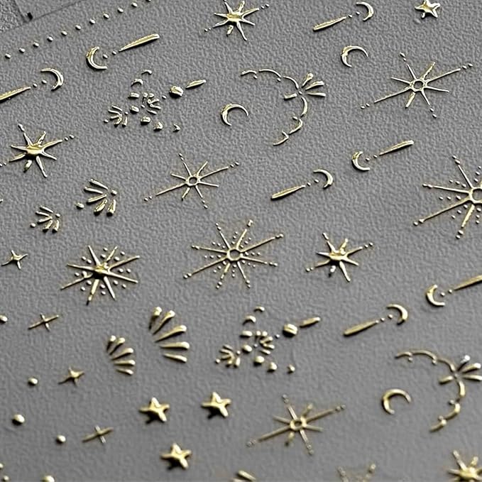 2 Sheets 3D Nail Stickers Star Moon Nail Art Decals Gold Silvery Nails Supplies Self-Adhesive Manicure Supplies for Women