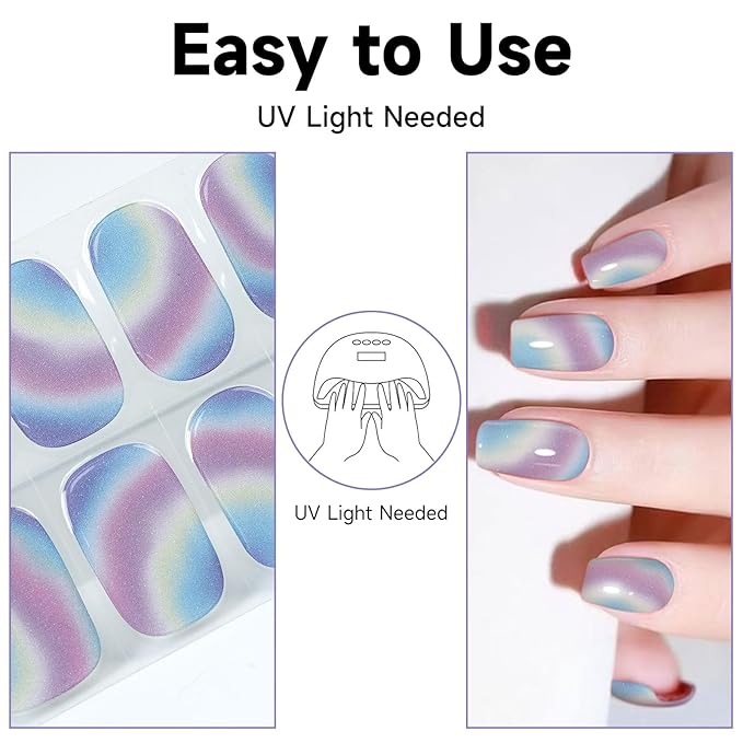 Semi Cured Gel Nail Strips (Multicolor), 28pcs Gel Nail Stickers, Work with Any UV Lamps, Long-Lasting NailWraps for Women Gifts, Easy to Apply & Remove, Includes Prep Pads & Wooden Stick