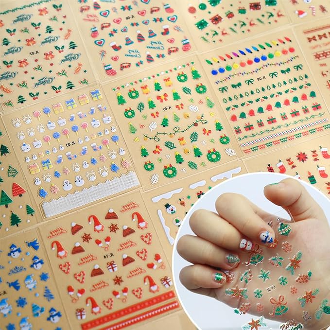 30 Sheets Christmas Nail Art Stickers Decals 3D Self Adhesive Christmas Nail Decals Santa Claus Elk Snowman Christmas Tree Nail Decorations Winter Nail Stickers for Women DIY Acrylic Nail Supplies