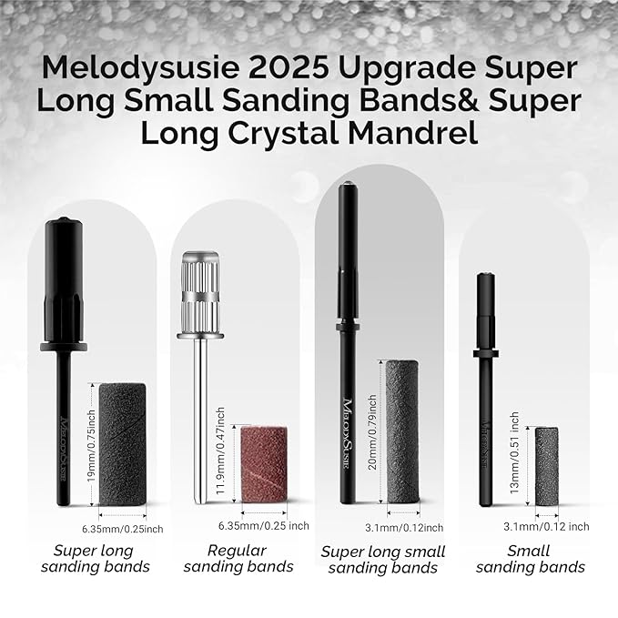 MelodySusie 50 Pcs Nail Drill Bits Super Long Small Sanding Bands with 3.1mm Crystal Mandrel Bit, 180 Fine Grit Nail File for Acrylic Nails Gel Manicures and Pedicure, Black