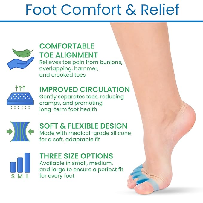 ViveSole Toe Spacers for Women & Men (4 PCS) - Silicone Gel Toe Separators & Spreaders for Pedicure & Plantar Fasciitis - Bunion Corrector, Hammer Toe Straightener & Stretcher for Pain Relief (Medium)