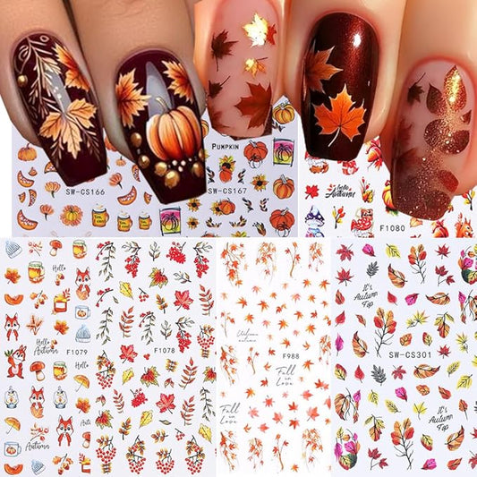 7 Sheets Fall Maple Nail Stickers for Nail Art, 3D Self-Adhesive Autumn Leaf Pumpkin Nail Decals, Mushroom Nail Supplies Nail Art Design Accessories for Women and Girls Manicure DIY Decoration