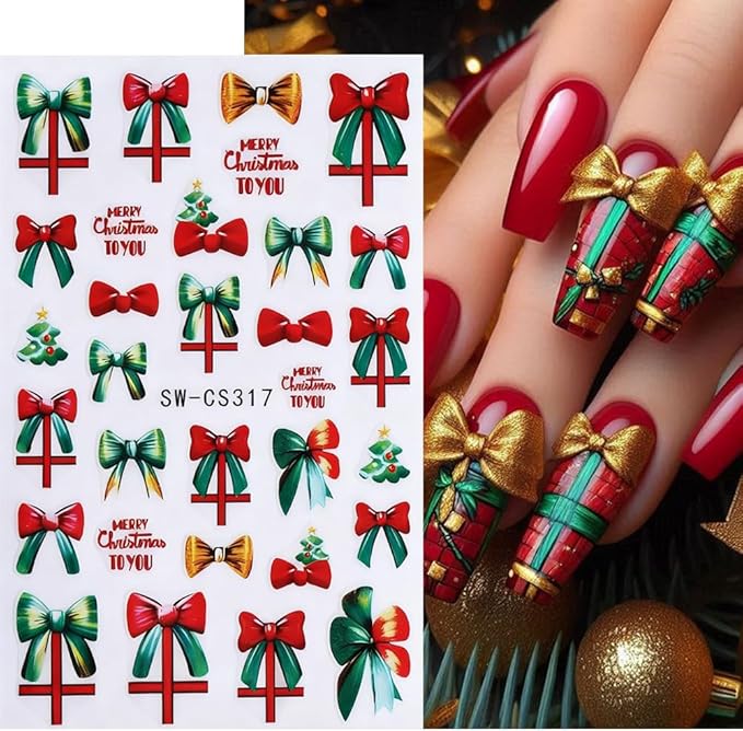 6Pcs Christmas Nail Stickers Red Green Bow Nail Decals DIY Self Adhesive Christmas Tree Poinsettia Group Snowman Cute Design Nail Decoration Supplies Holiday Manicure Accessories for Women Girls