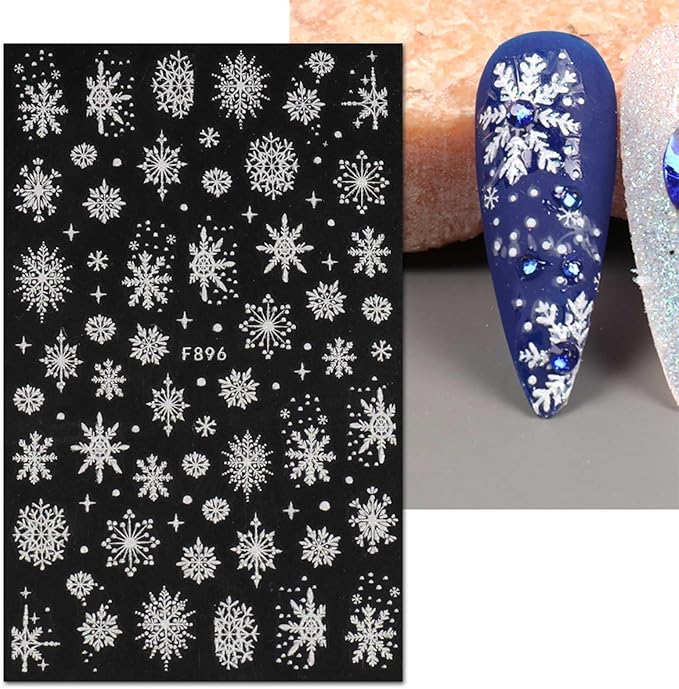 JMEOWIO 8 Sheets Christmas Glitter Nail Art Stickers Decals Self-Adhesive Pegatinas Uñas White Snowflake Xmas Winter Holiday Cute Nail Supplies Nail Art Design Decoration Accessories