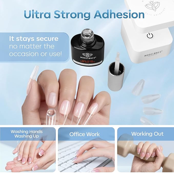 Modelones 10 in One Nail Glue Gel Base Coat Brush On Nail Polish Glue 15ml for Tips, Rhinestones, Blooming Art Gel Kit for Acrylic Tips U V Lamp Needed