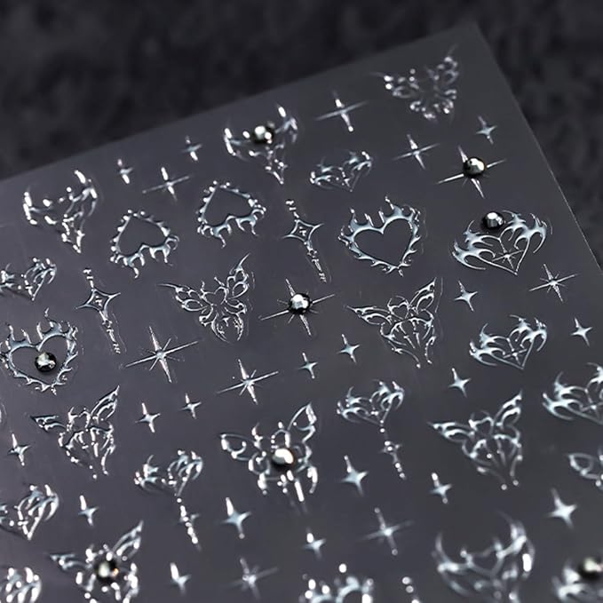 Silver Nail Art Sticker Decals Star Nail Stickers Butterfly and Heart with Design Self Adhesive Nail Decals 5D Embossed Rhinestone Manicure DIY Supply Decoration Accessories for Women