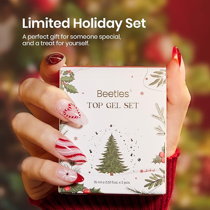 Beetles Christmas Limited Gel Top Set, 2Pcs 15ml Top Coat Gel Nail Polish, No Wipe Long Lasting Shining Glossy Top Coat Nail Manicure Soak off U V Lamp Needed Christmas Nail Gifts for Women