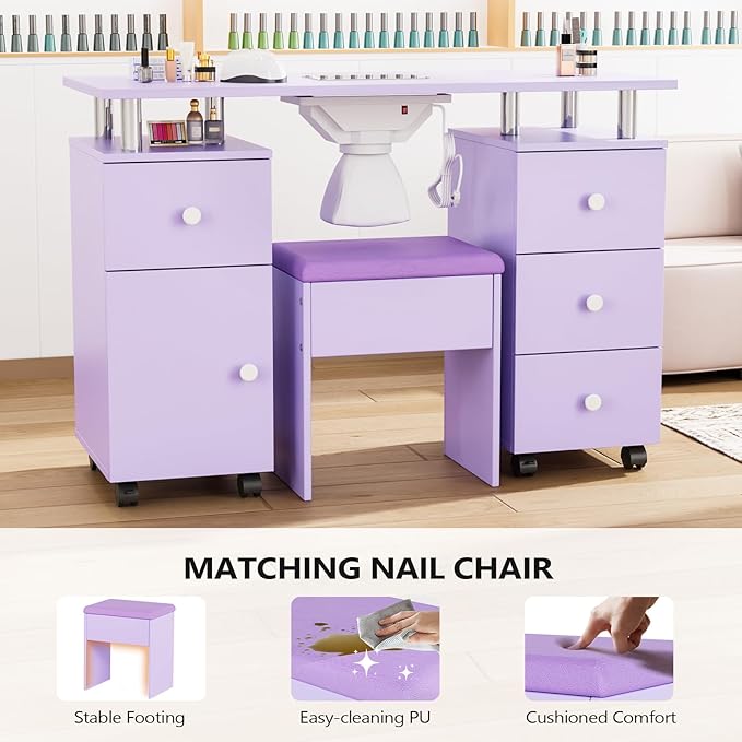 OmySalon Nail Desk and Chair Set, Manicure Table with Dust Collector, Arm Rest, 8 Wheels, Acetone Resistant Desktop, Drawers & Cabinet Storage for Makeup Beauty Salon (Lavender)