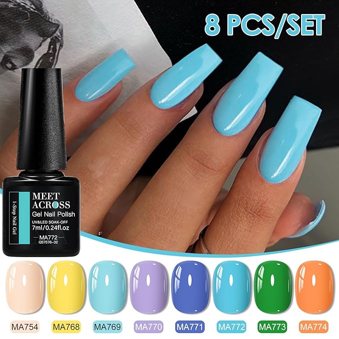 MEET ACROSS 1 Step Gel Polish Set Nail Art Manicure 3 in 1 Gel Kit Soak Off LED Gel Nail Varnishes No Need base gel top coat (Set-2, 8PCS)