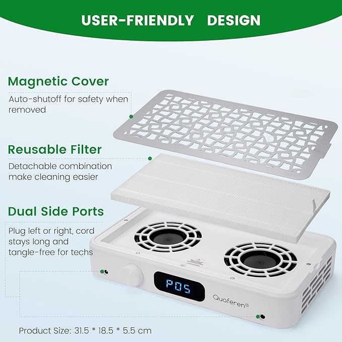 Quaferen Nail Dust Collector: Professional Dual Turbo Nail Vacuum Dust Collector with 5 Speed Powerful Dust Suction LED Display Reusable Filter for Acrylic Nail Polishing, Salon & Home