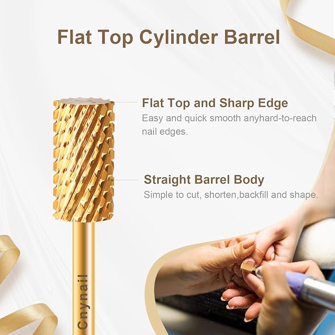 3/32" Large Barrel Flat Top Tungsten Carbide Nail Drill Bit Safety Bit for Gel & Acrylic Removal, 2-Way Rotating Efile Tip, Salon Electric File Accessory (2XC Grit, Gold)