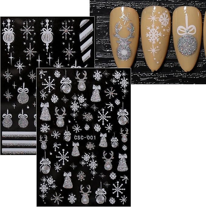 JMEOWIO 8 Sheets Christmas Glitter Nail Art Stickers Decals Self-Adhesive Snowflake Winter Holiday Cute Silver White Nail Supplies Nail Art Design Decoration Accessories