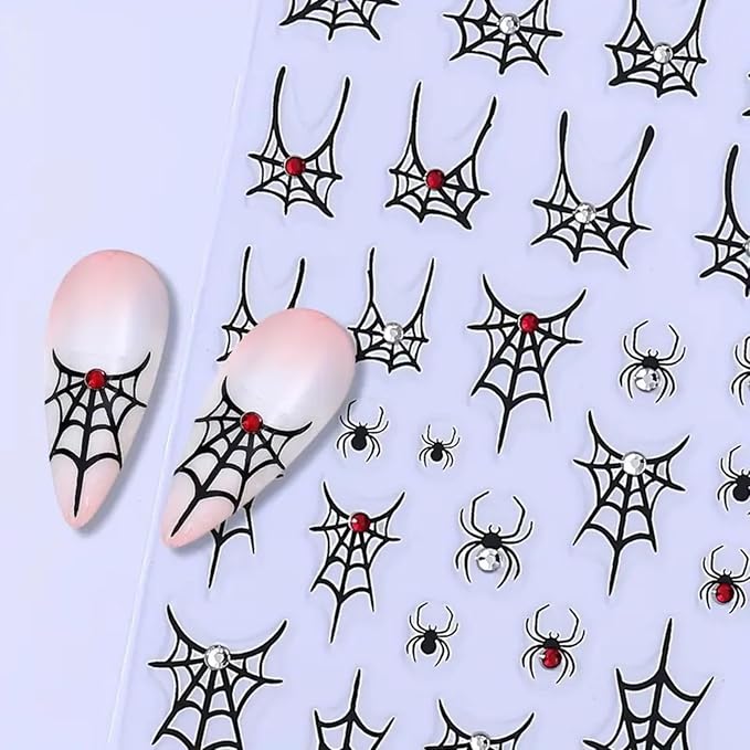 4PCS Halloween Nail Art Stickers Black Spider Web Spider Nail Decals with Rhinestone Crystal Spider Web Spider Nail Stickers Cute Bow Heart Halloween Nail Art Supplies for Women Manicure Decorations