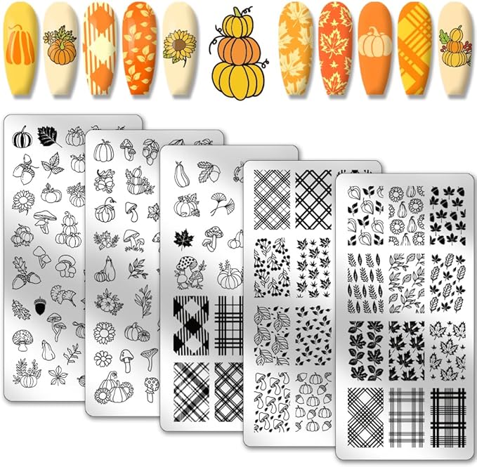 PH PandaHall 5pcs Fall Theme Nail Stamp Plates 126 Patterns Pumpkin Maple Nails Art Plate Stainless Steel Nail Template for Autumn Thanksgiving Day Nails Art Design 4.7x2.4 inches