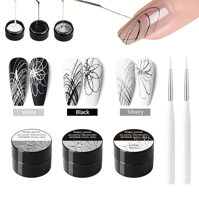 5g/0.18oz Spider Gel Kit for Nails, Spider Design for Art Wire Drawing Nail Gel for Line with Brushes for Nail Art (White Black Silvery)