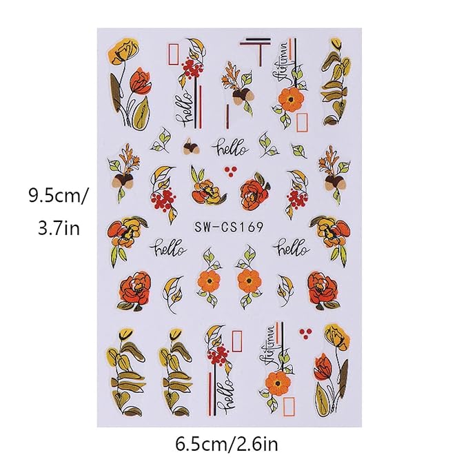 6 Sheets Fall Nail Art Stickers 3D Self-Adhesive Maple Leaf Nail Stickers with Ear of Wheat & Chestnut Designs DIY Pumpkin Nail Decal Supplies for Women Nail Art Manicure Decoration Accessories