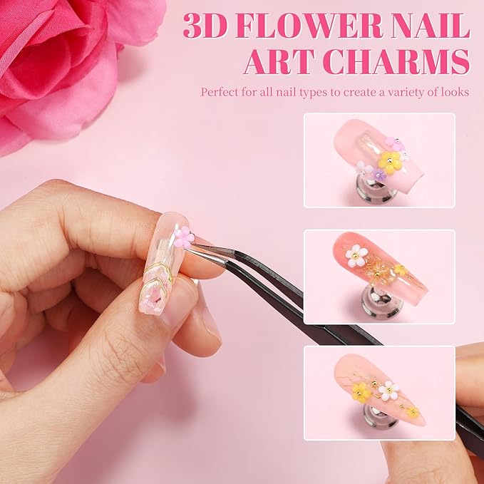 3 Boxes 3D Flower Nail Charms and Gems - Colorful Nail Flower & Aurora Bow Charms Metal Butterfly Clear Rhinestones Gemstones Silver/Gold Caviar Beads White Pearls with Nail Chain (12-S3-Mixed1)
