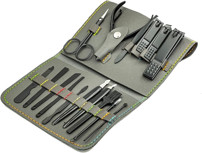 Nail Clipper Set, 16PCS Manicure Set Fingernail Clippers Kit Black Stainless Steel Pedicure and Manicure Kit with Grey PU Leather Case