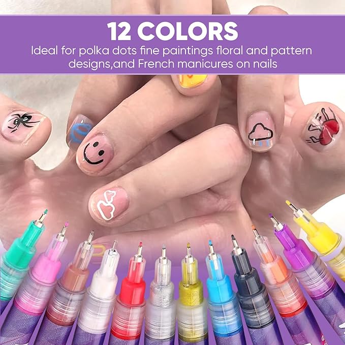 12 Color Nail Art Pens Set, 0.5mm Fine Tip Nail Polish Pen for Precise DIY Nails Art Design at Home, Quick-Dry & Waterproof, Nail Art Painting Pens Kit for Beginners