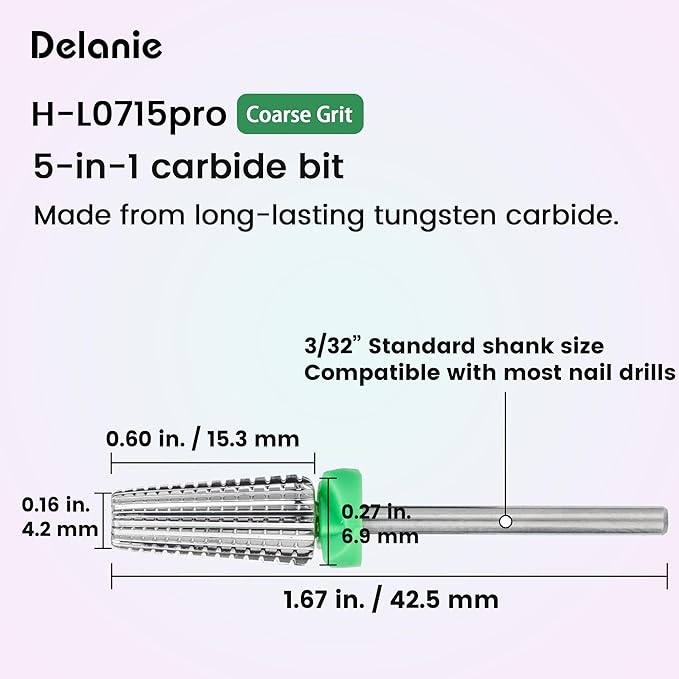 Delanie 5-in-1 Carbide Nail Drill Bit for Professional Nail Tech, 3/32", Coarse Grit