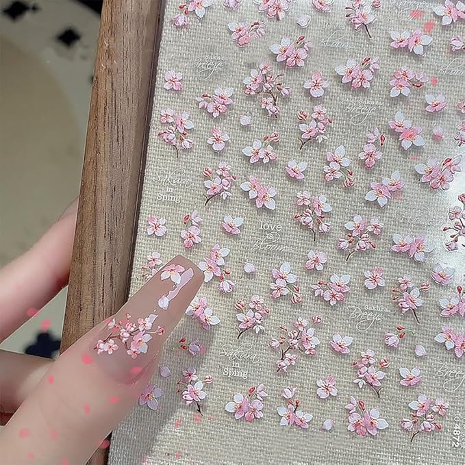 2 Sheets Flower Nail Stickers for Nail Art, 5D Embossed Self Adhesive Spring Summer Sakura Design Nail Supplies Decoration for Women Girl DIY Manicure Accessories