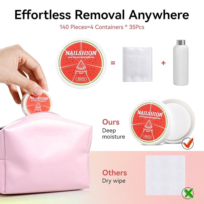 Nail Polish Remover Pads, 140 Pcs Travel Fingernail Polishes Wipes in 4 Boxes, Non-Acetone | 3-5s Quick Removal | VE Moisturing, Lint-free Handy Wipes to Clean Polish, Watermelon Scent