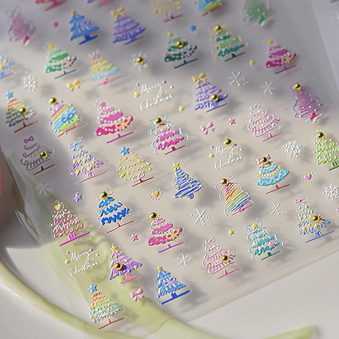 1 Sheet Cute Christmas Tree Nail Art Sticker 5D Embossed Colorful Christmas Tree with Gold Pearl Nail Sticker Decal Acrylic Nail Supplies for Women Girls DIY Nail Art Decoration