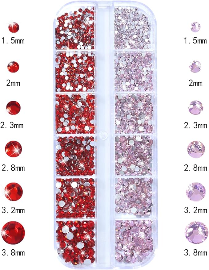 HNUIX Nail Rhinestones for Nails - 3D Multi Shapes, Flat Back, Small Nail Gems, Red & Pink Nail Stones, with Kit, for Nail Art, DIY Decor