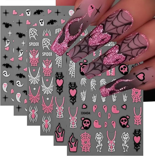 6 Sheets Halloween Nail Art Stickers Cute Ghost Bats Spiders Flame Pink Glitter French Nails Stickers Spiders Web Love Heart Design Nail Art Decals for Women Girls DIY Halloween Nails Decoration