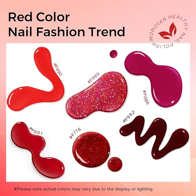 Morovan Red Nail Polish Set: Glitter Bright Burgundy Cherry Christmas Red Fingernail Polish Kit Shimmer Sparkle Air Quick Dry Nail Polish Pack for Nail Art Manicure Holiday Party Gift for Women Girls