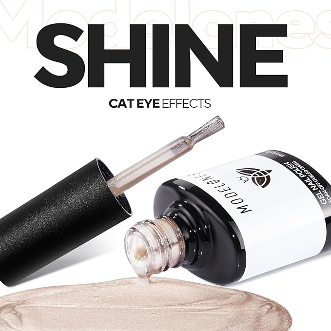 modelones Cat Eye Gel Nail Polish, 15 ML Silver Nude Glitter Holographic Glass Cat Eye Summer Jelly Shimmer Reflective Translucent U v Gel Magnetic Nail Polish Top Coat for Women Girl