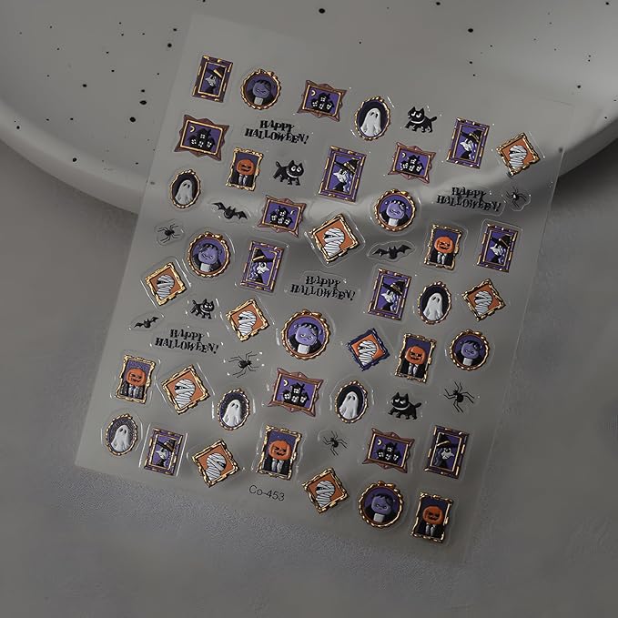 Halloween Nail Stickers Ghost Nail Art Stickers Pumpkin 5D Self-Adhesive Nail Decals Black Cat Nail Design Bat Spider Nails Supplies Decoration Accessories for Women and Girls
