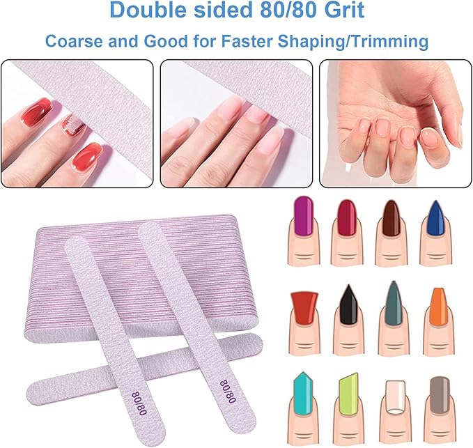 80/80 Grit Nail Files (50 Pcs), Emery Boards for Acrylic Nails and Gel Nails, Coarse Nail File Double Sided 80 Grits Emory Professional Nail Filers Pack Reusable Washable Manicure Gray